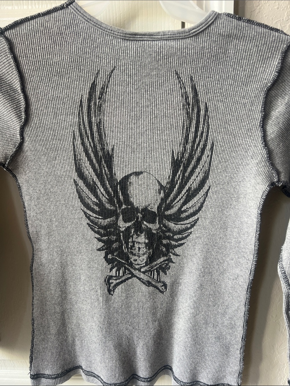 Women’s  Gray Ribbed Thermal Sweater with Winged Skull Graphic